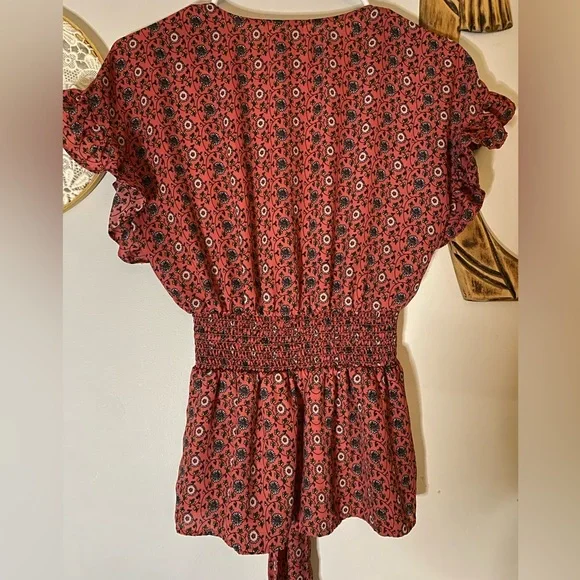 FLORAL Tunic (S) Relaxed V-neck with Butterfly Sleeve, Signed Back/Belted Waist - Picture 6 of 11